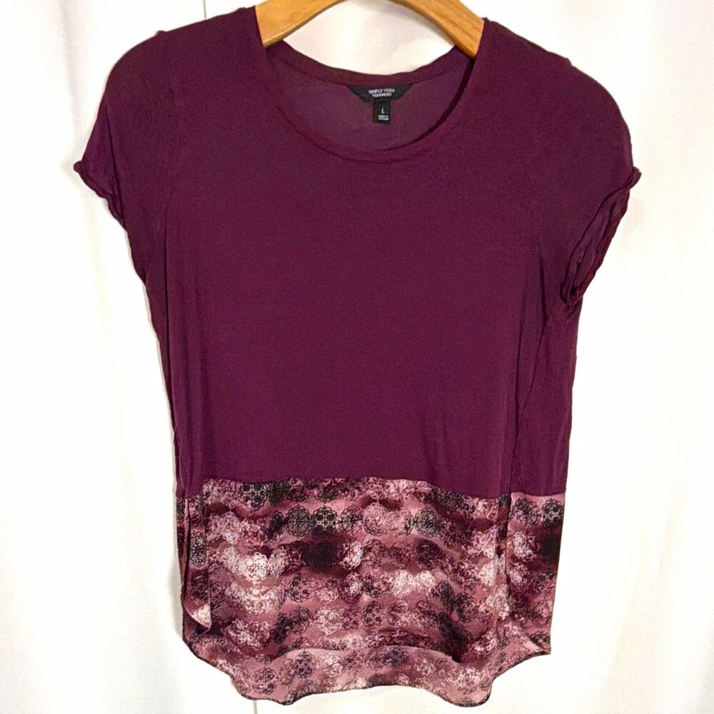 Simply Vera Vera Wang Women’s L Purple Abstract Round Neck Ruched Cap Sleeve Top